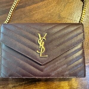 Yves Saint Laurent Burgundy color Leather with Gold Chain shoulder/ crossbody